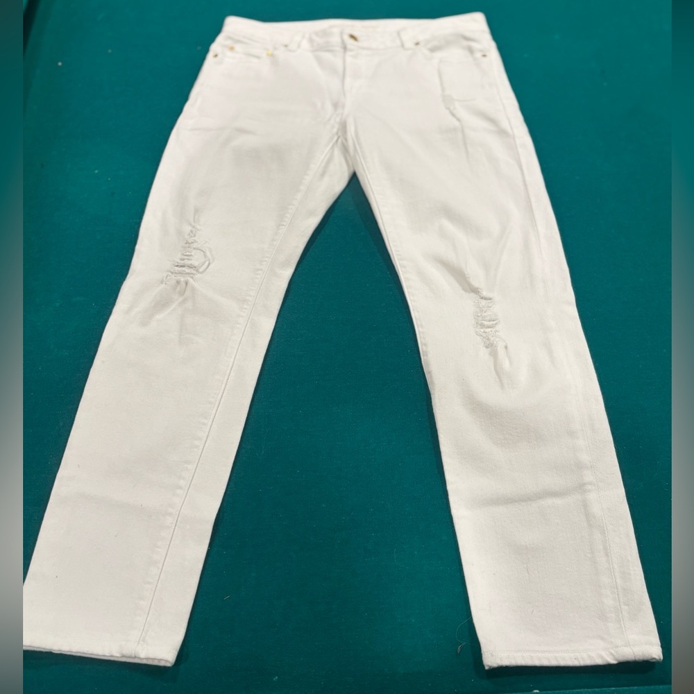 Michael KORS WOMENS WHITE STRETCH DISTRESSED JEAN WITH GOLD ACCENT SIZE 4